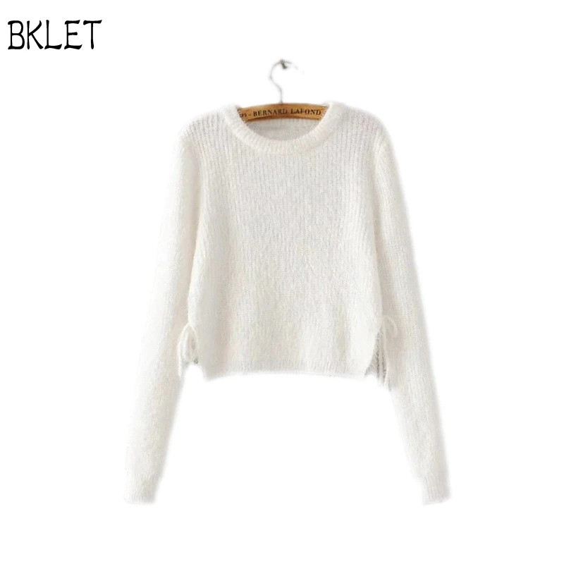 2018 New Autumn Women Wool Cropped Jumpers Fluffy Mohair Hollow Out A Bow Tie Sweater Mujer Pullover Short Sweaters Crop Top | Женская