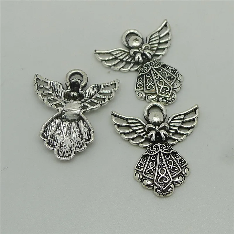 

nevstop 100pcs/lot Antique Silver Angel Charms 27x24mm Apparel Accessories Hollow Wings DIY Craft Supplies