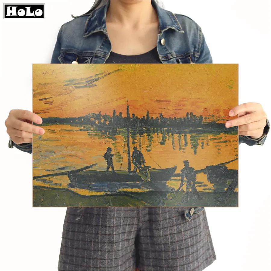 Винтажный постер из крафт бумаги с изображением заката у озера Ван Гога ретро