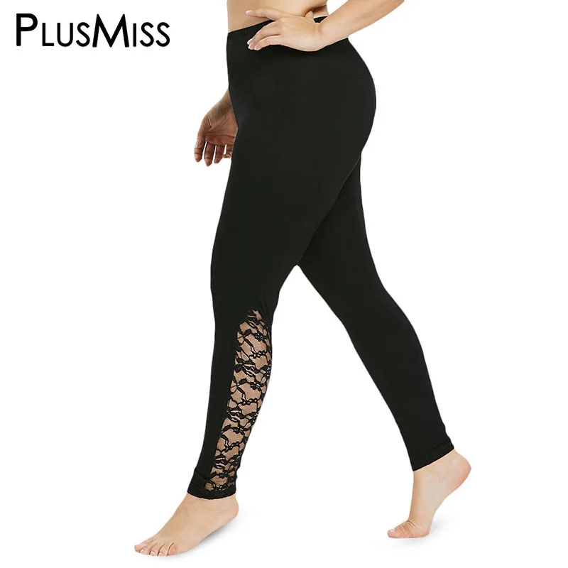 PlusMiss плюс Размеры 5XL 4XL Высокая талия цветочный сбоку кружевные леггинсы Для женщин Фитнес Джеггинсы