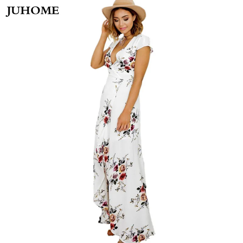 Женское длинное шифоновое платье с разрезом V-образным вырезом и цветочным