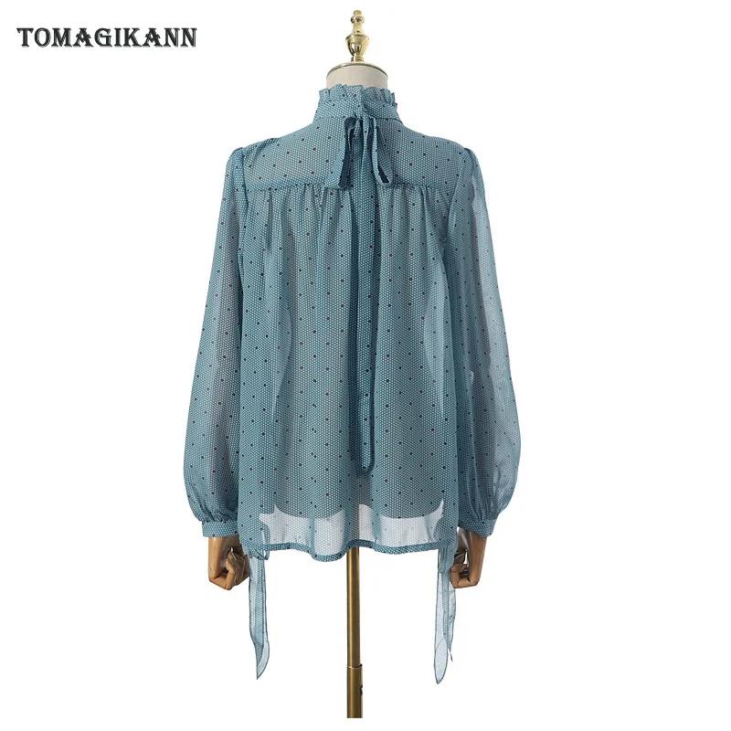 Синий горошек печати шифон женская блузка Топы галстук бабочка воротник стойка с