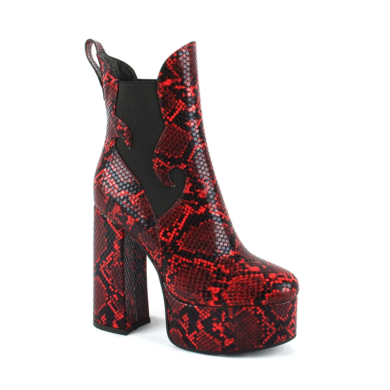 New Women Ankle Boots Platform PU Leather Boot Red Snake Skin Ladies Shoes Heeled Boots Autumn Winter Woman High Heel Shoes