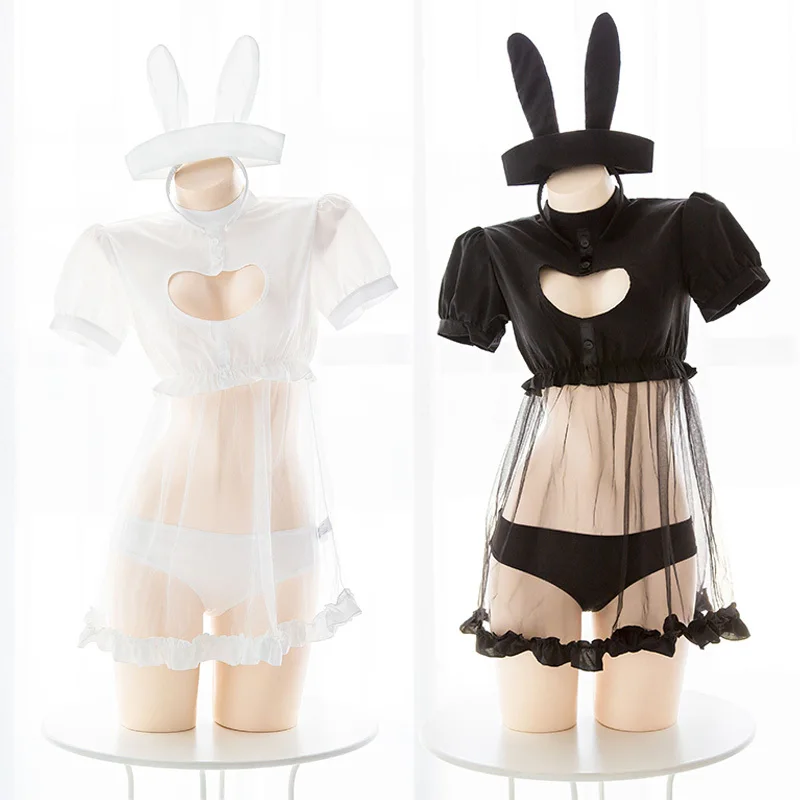 Kawaii Bunny Girl Heart Hollow Out Perspective Sexy Women Cosplay Cute Nurse's Uniform Set Whith Tail Lingerie Suit Black+white |