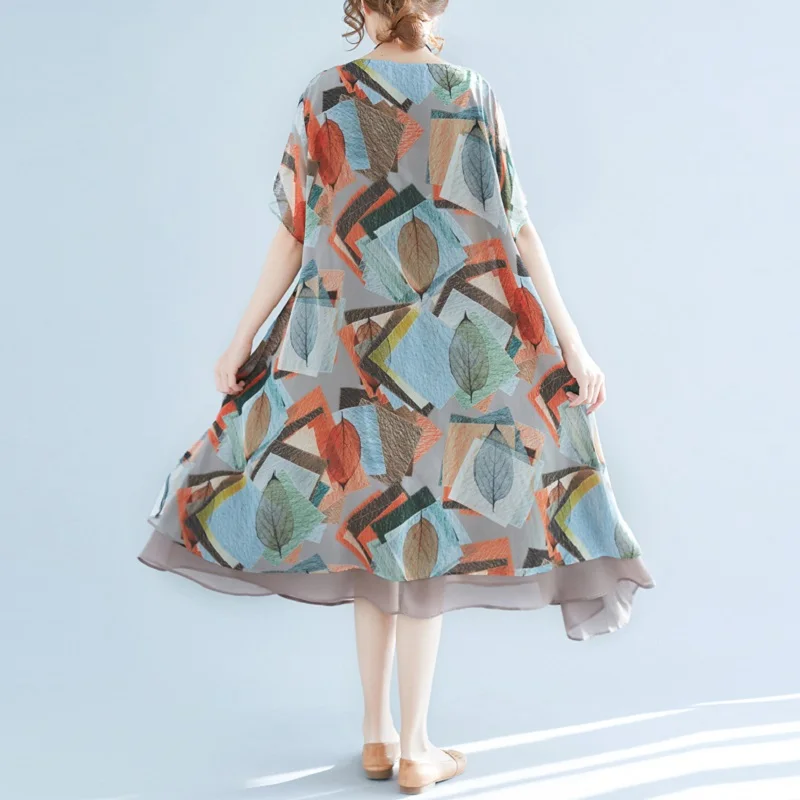 2019 размера плюс летнее женское шифоновое платье с принтом листьев повседневное