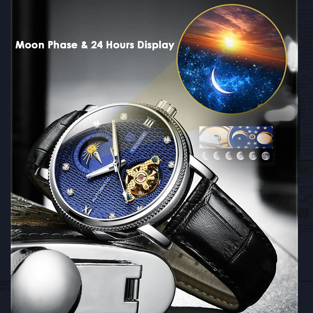 TEVISE T612 Топ бренд Роскошные автоматические часы мужские механические Moon Phase