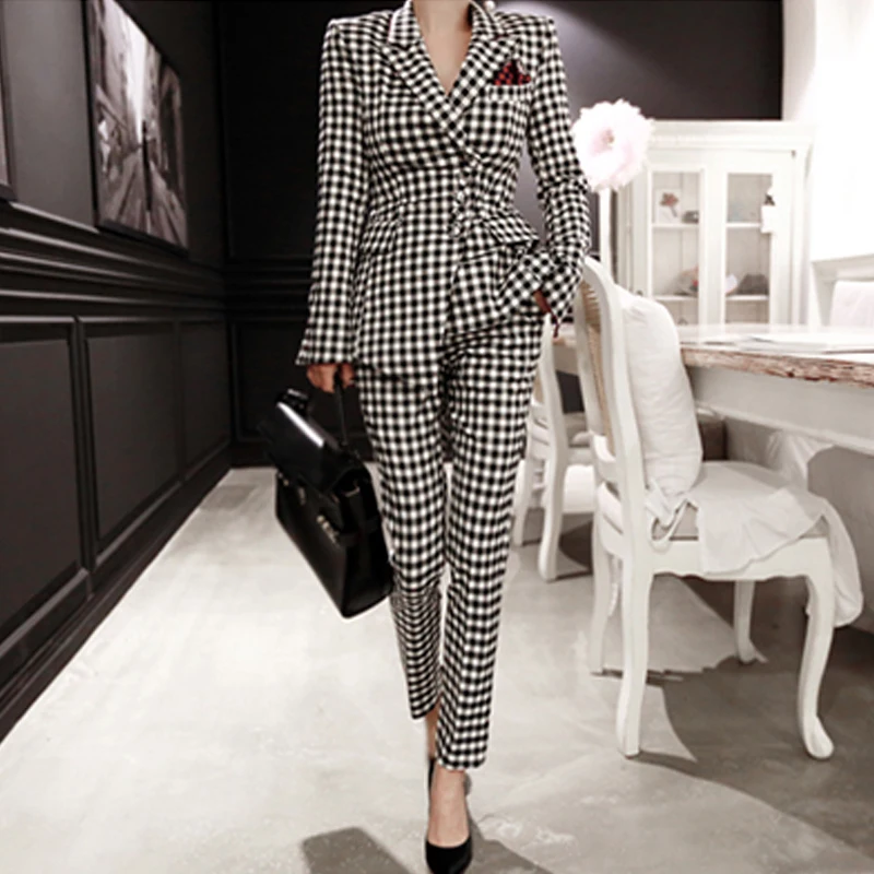 Fall/winter Women's Suit Temperament Fashion Plaid Small Slim Commuter Pants Two-piece Women Tops and Pant | Женская одежда