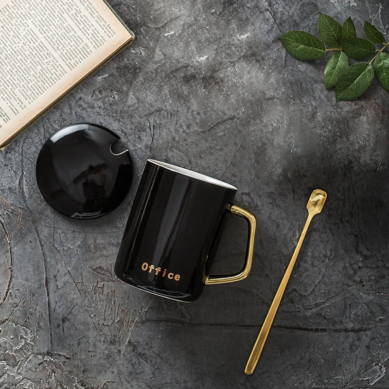 

Creative Gold Plated Ceramic Mug Office Coffee Milk Tea Cup Cover with Spoon Nano Transparent Glaze