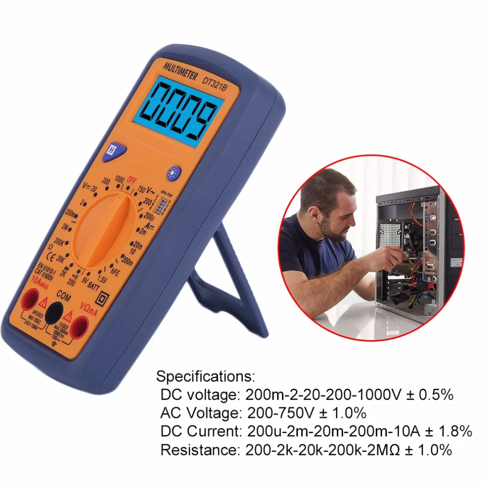DT321B Цифровой мультиметр портативный мультиметр AC/DC измеритель напряжения Синяя подсветка поддержка тестирования батареи Лидер продаж