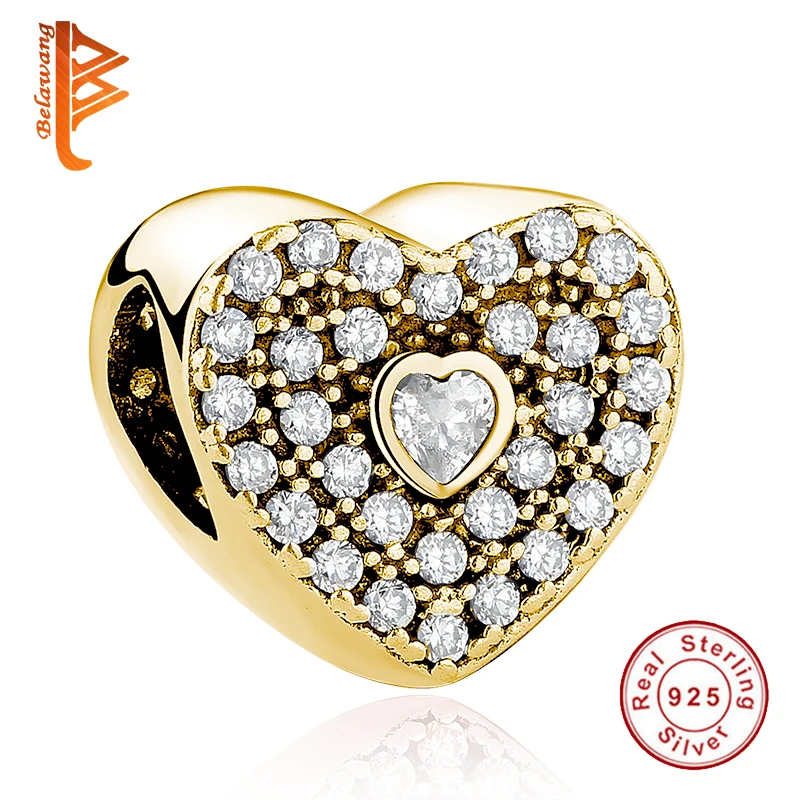 

BELAWANG Romantic Gold Beads 925 Sterling Silver Pave Full of Crystal Heart Charms fit Bracelets For Women Jewelry wedding gift