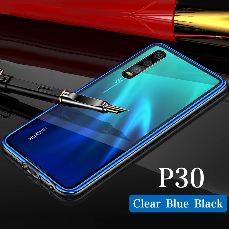 P30 Clear Blue Black Металлический бампер+ закаленное Стекло задний чехол КРЫШКА ДЛЯ huawei P30 P30 Pro Роскошная плакированная сплав Frame твёрдый Гладкий Стекло P30pro - Цвет: P30 Clear Blue Black