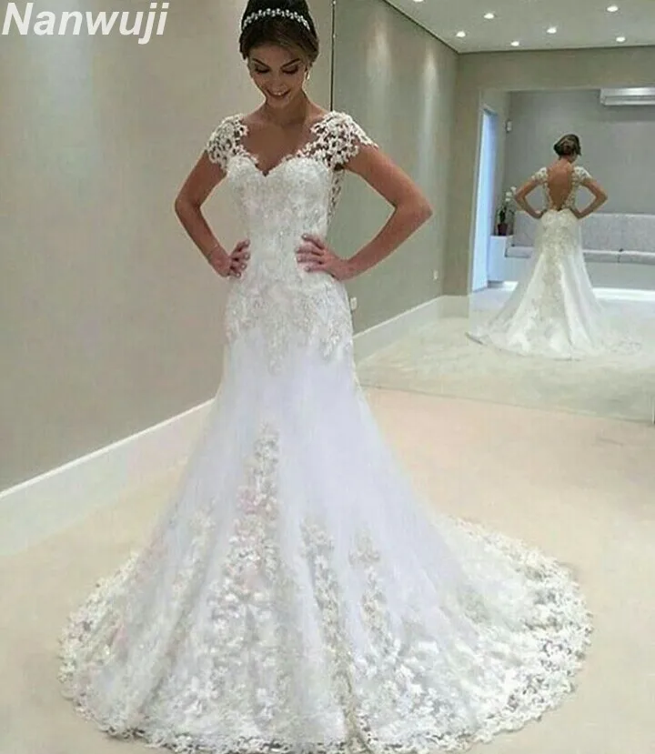 Белое кружевное свадебное платье с V образным вырезом и открытой спиной|robe de