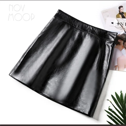 Normal leather black Винтажная стильная клетчатая печать настоящая овчина из лакированной кожи с высокой талией мини-юбка трапециевидной формы faldas mujer etek jupe плюс размер LT2645 - Цвет: Normal leather black