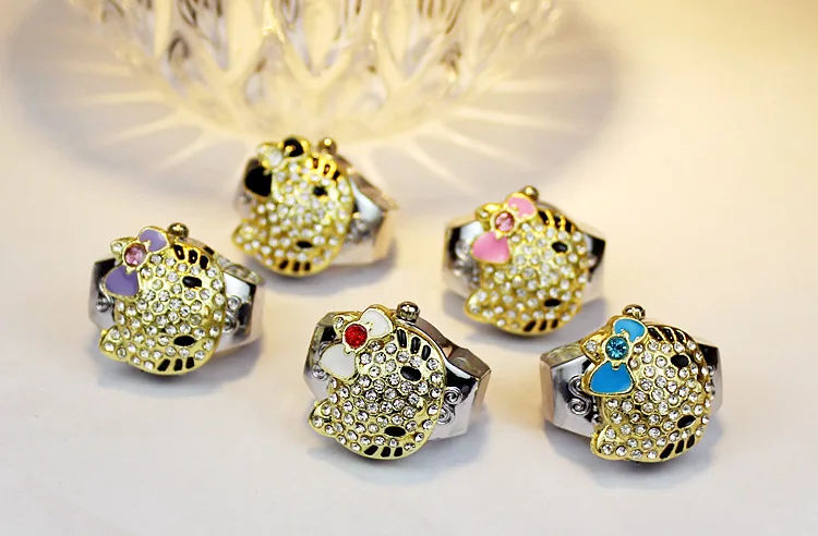 Часы с кольцом Hello Kitty Kawayimeng женские часы кристаллами в виде кота цветные для
