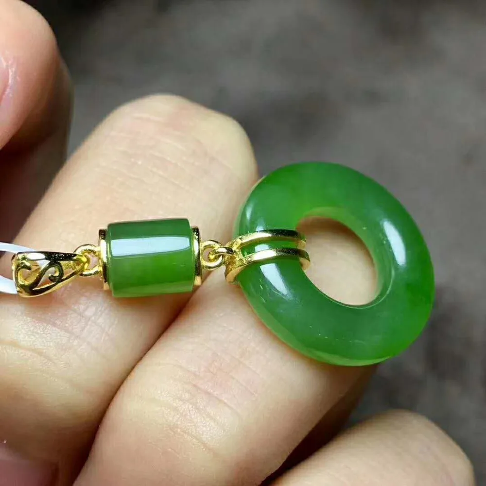 S925 Silver inlaid jade pendant female and Tian Jasper Green chain spinach Emerald Item yuhuan Necklace Sweater Ch | Украшения и