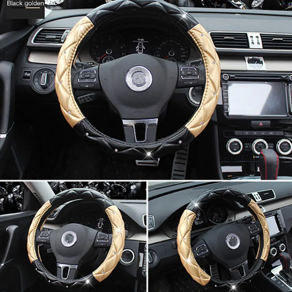 Black Golden 15 цветов, Алмазная крышка рулевого колеса для автомобиля, блестящая бархатная Нескользящая защитная подушка для колес - Название цвета: Black Golden