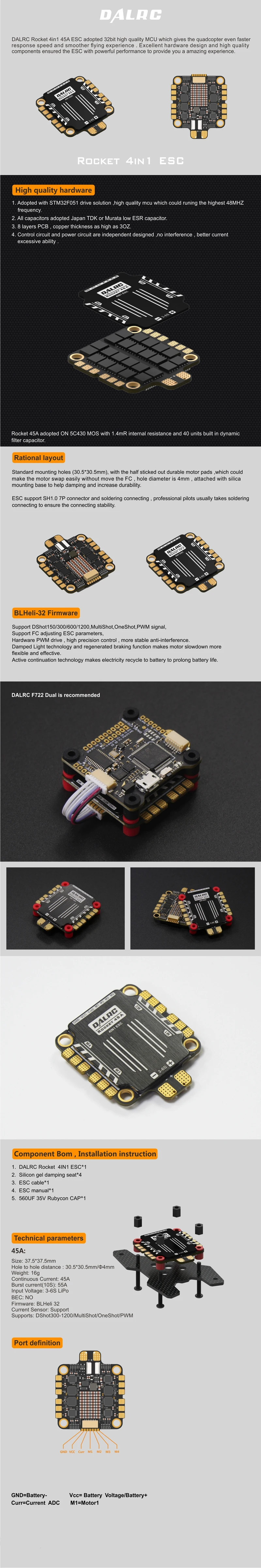 30,5*30,5 мм DALRC ракета 45A 4 в 1 ESC 3-6S BLheli32 поддержка DShot1200 STM32f051 FPV Бесщеточный ESC& DALRC F722 DUAL FC