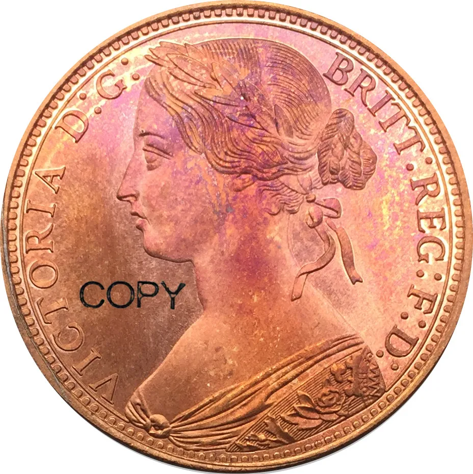

United Kingdom 1869 One Penny Victoria Red Copper Copy Coins