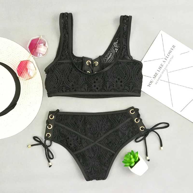 

Sexy Solid Bikini Set Swimwear Women Push Up Lace high-waisted swimsuit Beach Bathing Suit plus size S-XL