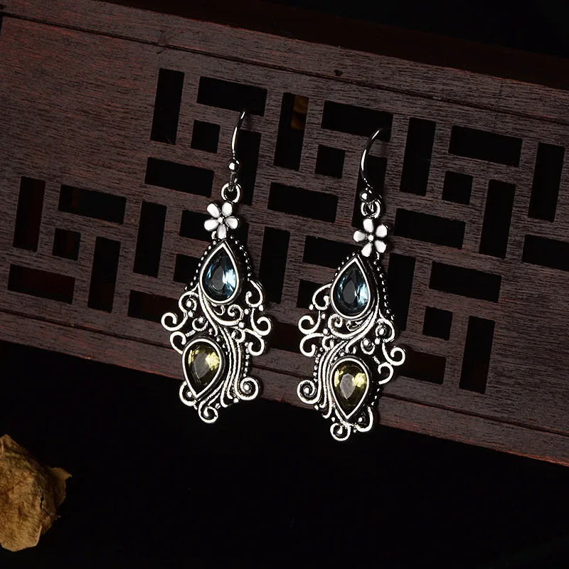 Vintage Korean Flower Water Drop Crystal Long Copper Earrings For Women Statement Hanging Dangle Jewelry | Украшения и аксессуары