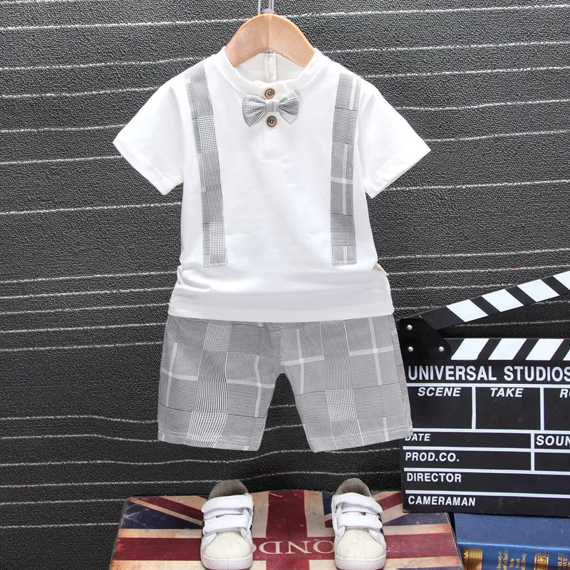 Blue Summer Casual Boys Sets Version Children's Short Sleeve T-shirts and Shorts Baby Bow Tie Strap Two-piece | Детская одежда и