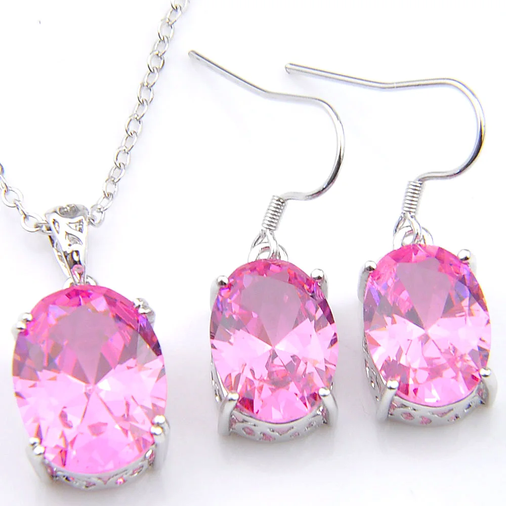 

Luckyshine Holiday Gift Fire Pink Kunzite Crystal Cubic Zirconia 925 Silver Pendants Necklaces Drop Earrings Jewelry Sets