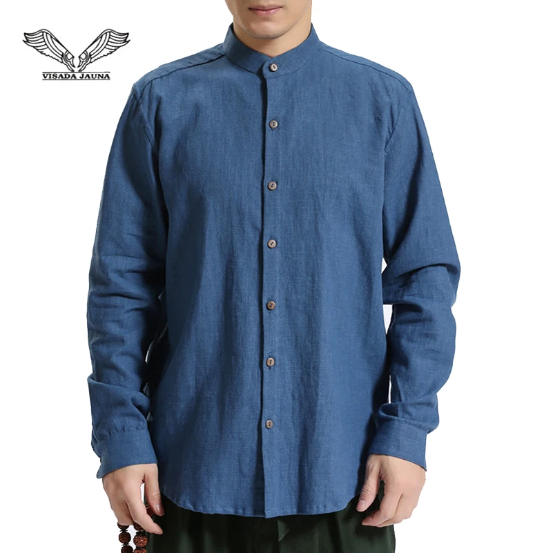 VISADA JAUNA новинка 2019 мужская рубашка с длинным рукавом одноцветная хлопок и лен