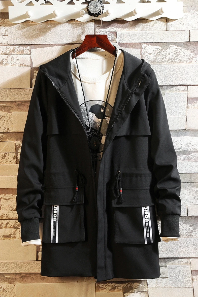 

Men spring autumn trench coat new high street hooded Jacket long windbreaker youth handsome Slim coats trend casual trenchcoat