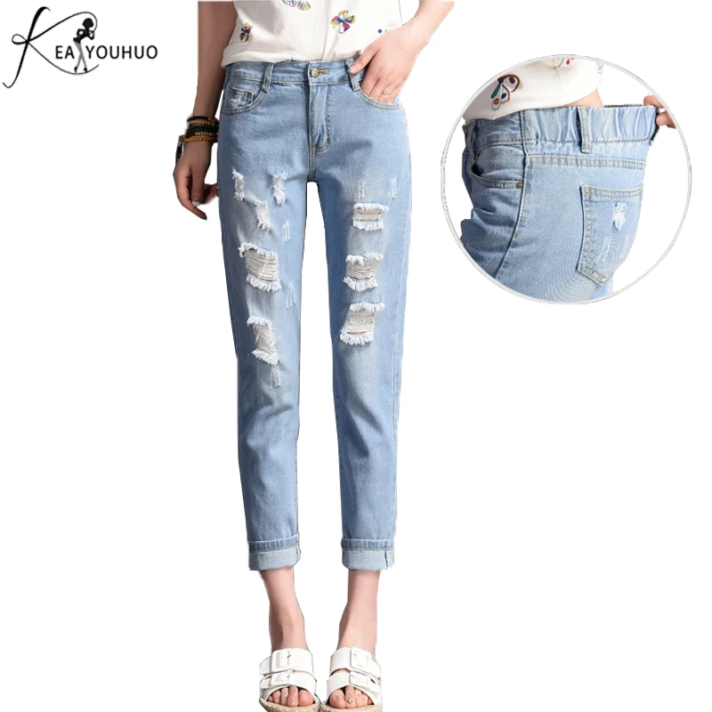 

Winter 2020 Fashion Elastic Ladies Boyfriend Jeans For Women Female High Waist Mom Ripped Jeans Woman Pants Denim Jean Trousers