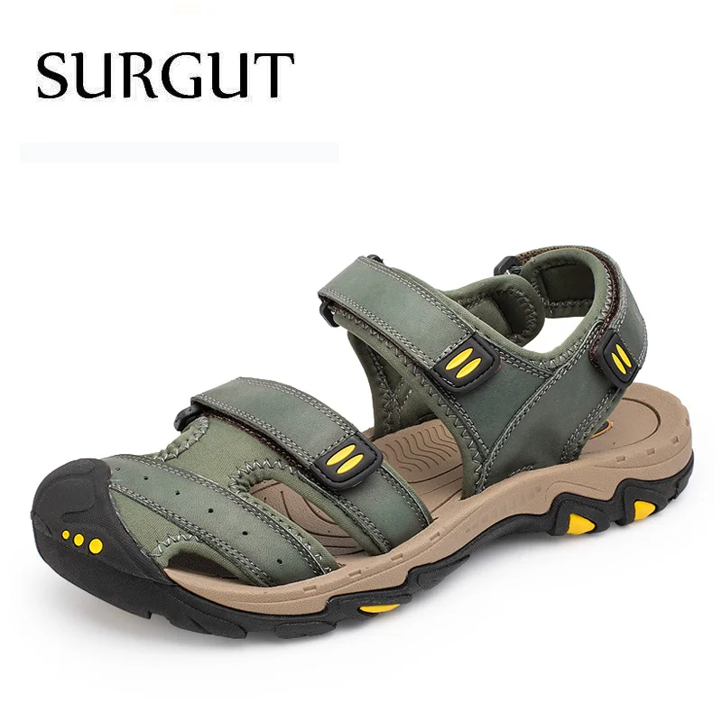 Khaki Green SURGUT/Новинка; модные летние пляжные дышащие мужские сандалии; Брендовые мужские сандалии из натуральной кожи; мужская повседневная обувь размера плюс 38-47 - Цвет: Khaki Green