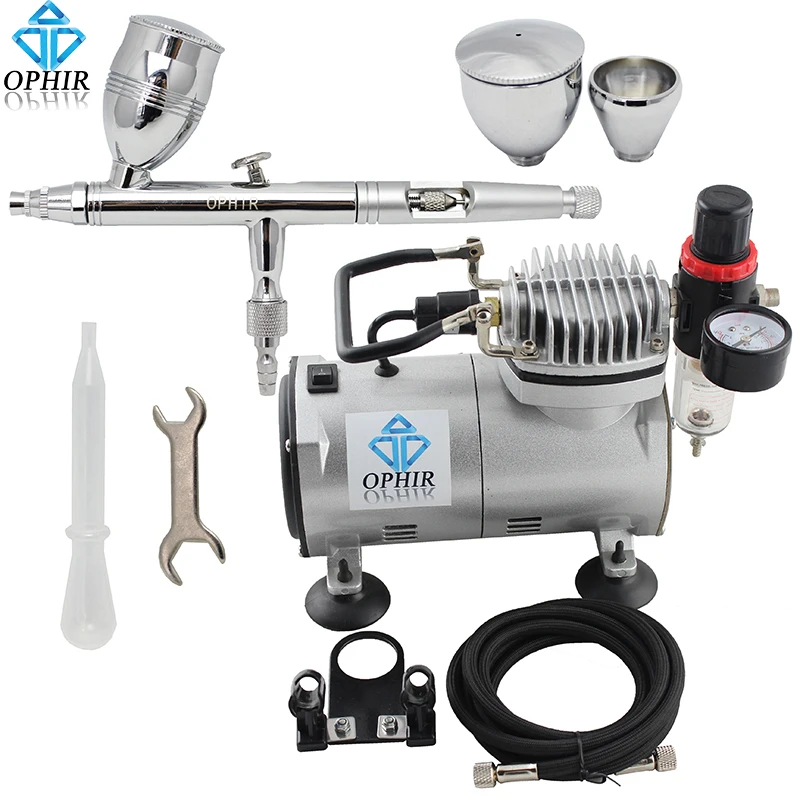 OPHIR Professional 3 Cups Dual-Action Airbrush with 110V, 220V Air Compressor for Model Hobby Cake Decoration Nail Art _AC089+006