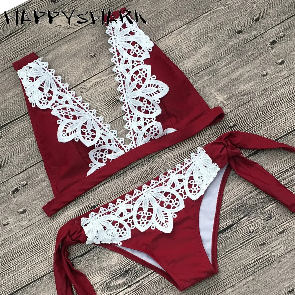 HAPPYSHARK Кружевной Край Бикини купальник женский летний винно-красный сексуальный