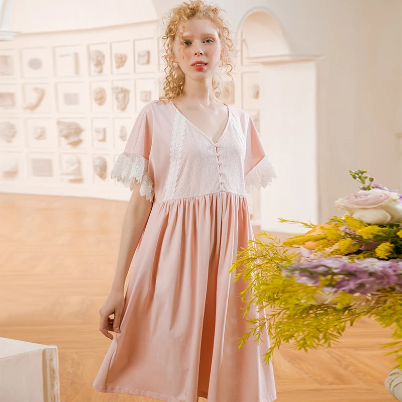 

Summer Women's Pink Cotton Nightgowns Soft Loose Nightwear Elegant Vintage White Lace Princess Cardigan Sleepwear