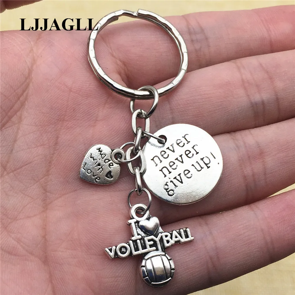 Брелок 2 шт. "Never Give Up", волейбол брелок с цепочкой "Love" металлический брелок серебро я люблю волейбол брелок для ключей, ювелирные аксессуары