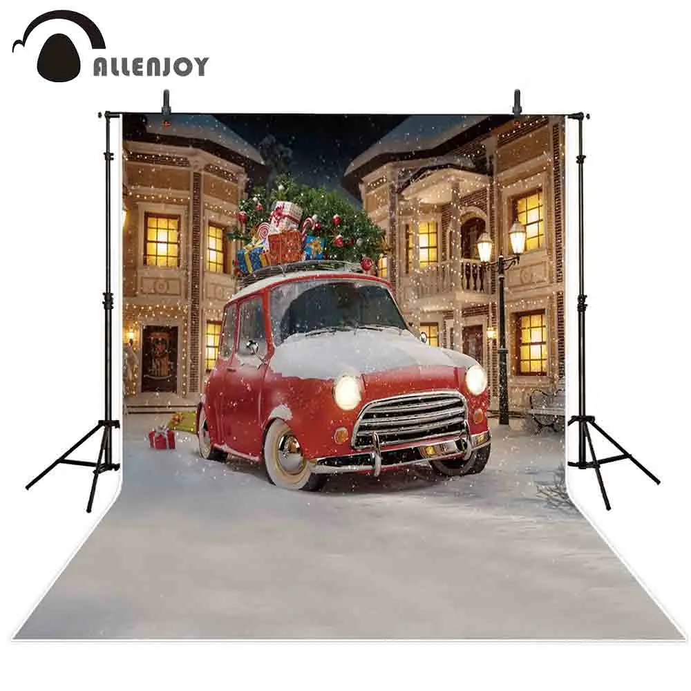 

Allenjoy photography background red retro car christmas gift city night backdrop photobooth photocall printed photo shoot