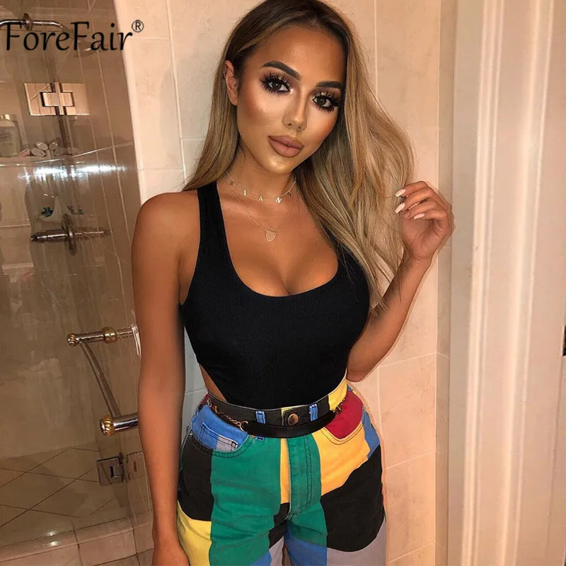 Forefair с открытыми плечами с низким вырезом без рукавов неоновые Летние Боди Для женщин узкие пикантные Боди цвет: черный, оранжевый