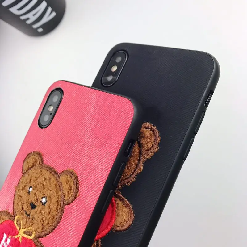 Full Cover Bear Embroidery Cases for Apple iPhone X 6 6S Beauty Pattern Phone Back 7 8 plus Coque Fundas |