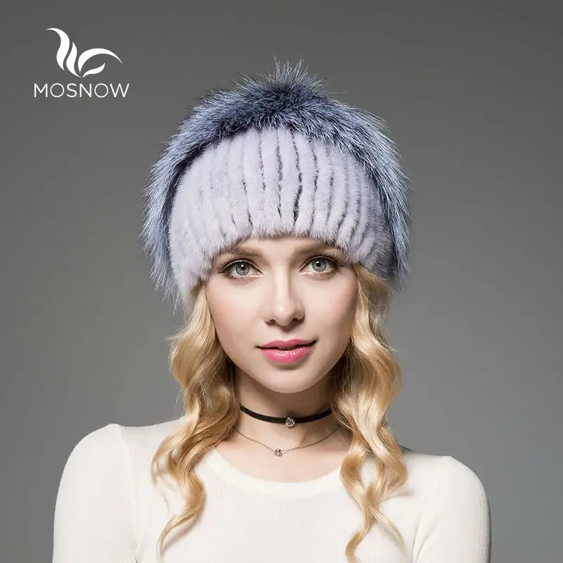 Новые зимние шапки женские из натурального меха норки с лисой в полоску
