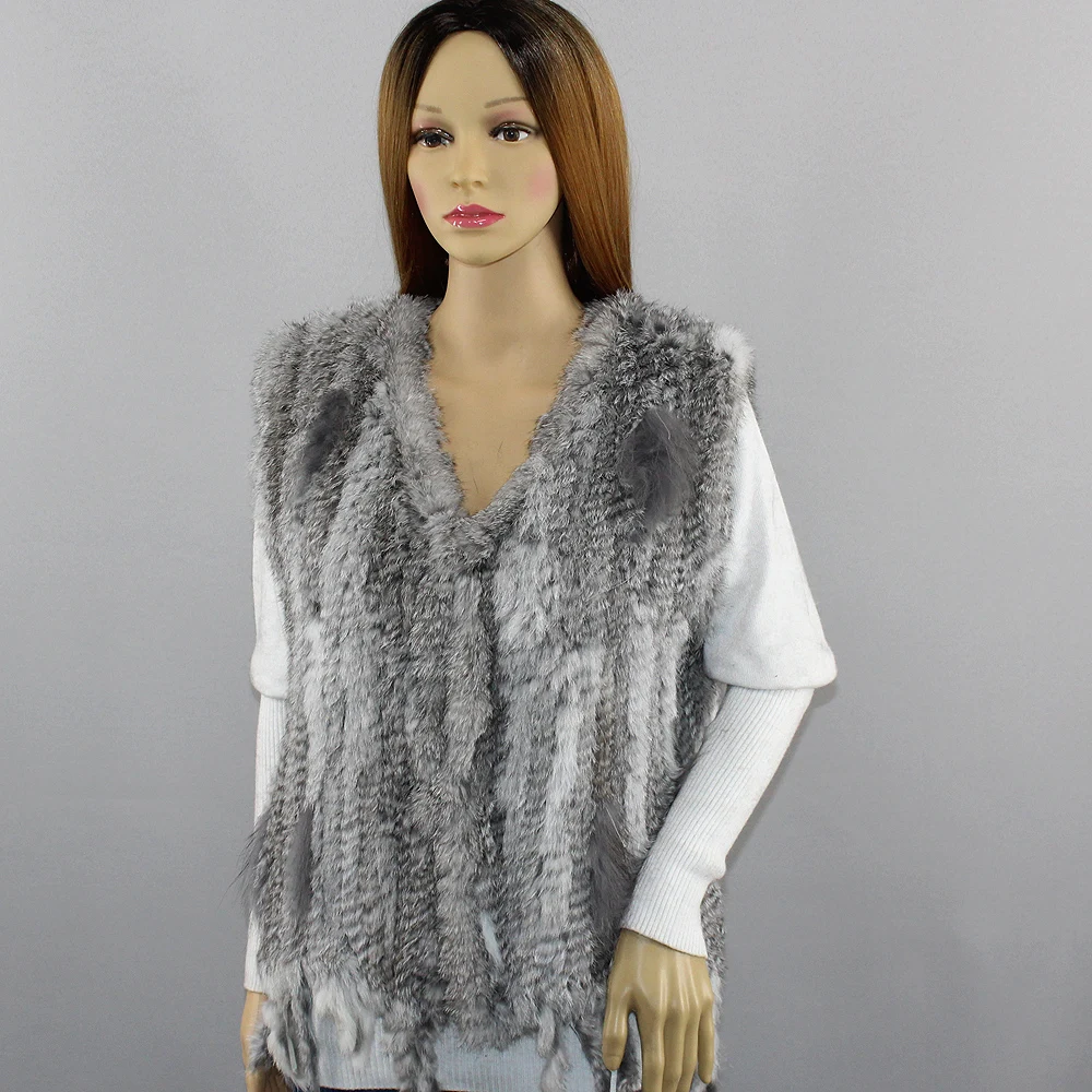 Женский вязаный жилет с кроличьим мехом сезон весна осень Модный из натурального