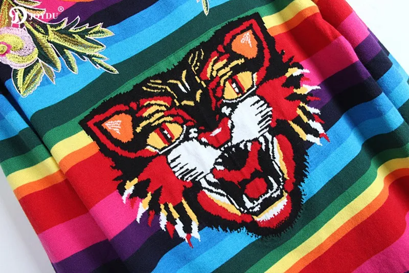 JOYDU 2018 Runway Designer Winter Sweater Women Flower Embroidery Tiger Rainbow Stripe Knitted Casual Pullover Jumper pull femme | Женская