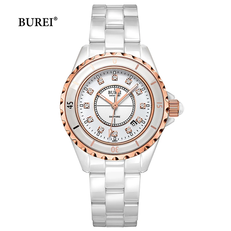 Часы женские Кварцевые водонепроницаемые с керамическим браслетом и календарем