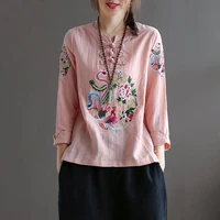 blouse women plus size cotton linen shirts ladies tops casual chinese phoenix vintage embroidery long sleeve