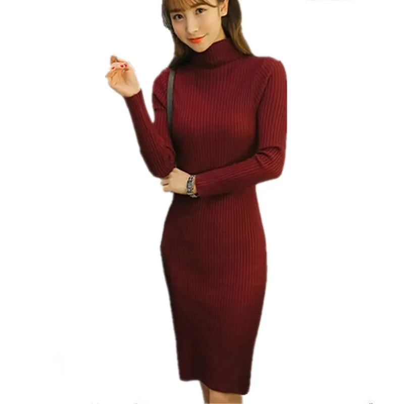 Женская мода Осень Зима Свитер Платья Тонкий Водолазка Сексуальная Bodycon Сплошной