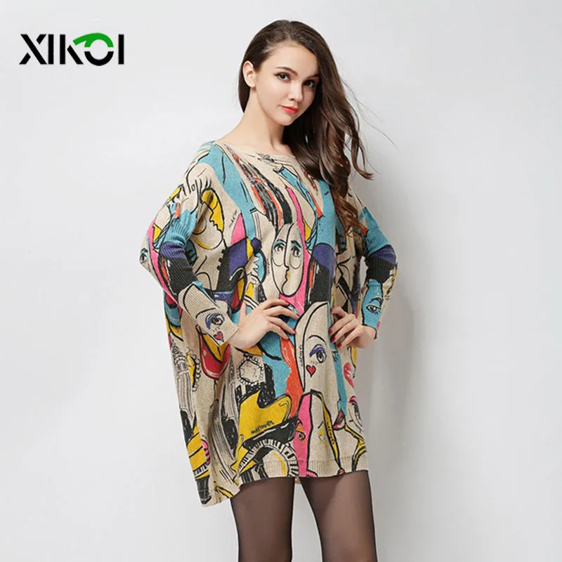 XIKOI Pullover Women Sweaters Printing Slash Long Loose Jacket Clothes Computer Knitted Casual Smiley Spring Autumn Trend | Женская