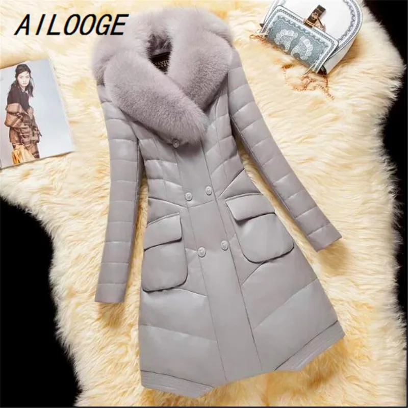 AILOOGE Winter Women Leather Coat High Quality Weight Jacket Duvet Sheep Temperament Fox Fur Collar Fashion Female Down Par | Женская