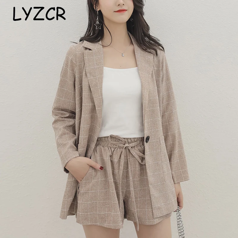 Lyzcr Plaid Office 2 Piece Suit Set Women Plus Size Summer Womens Tops And Shorts Sets two Women‘s large | Женская одежда