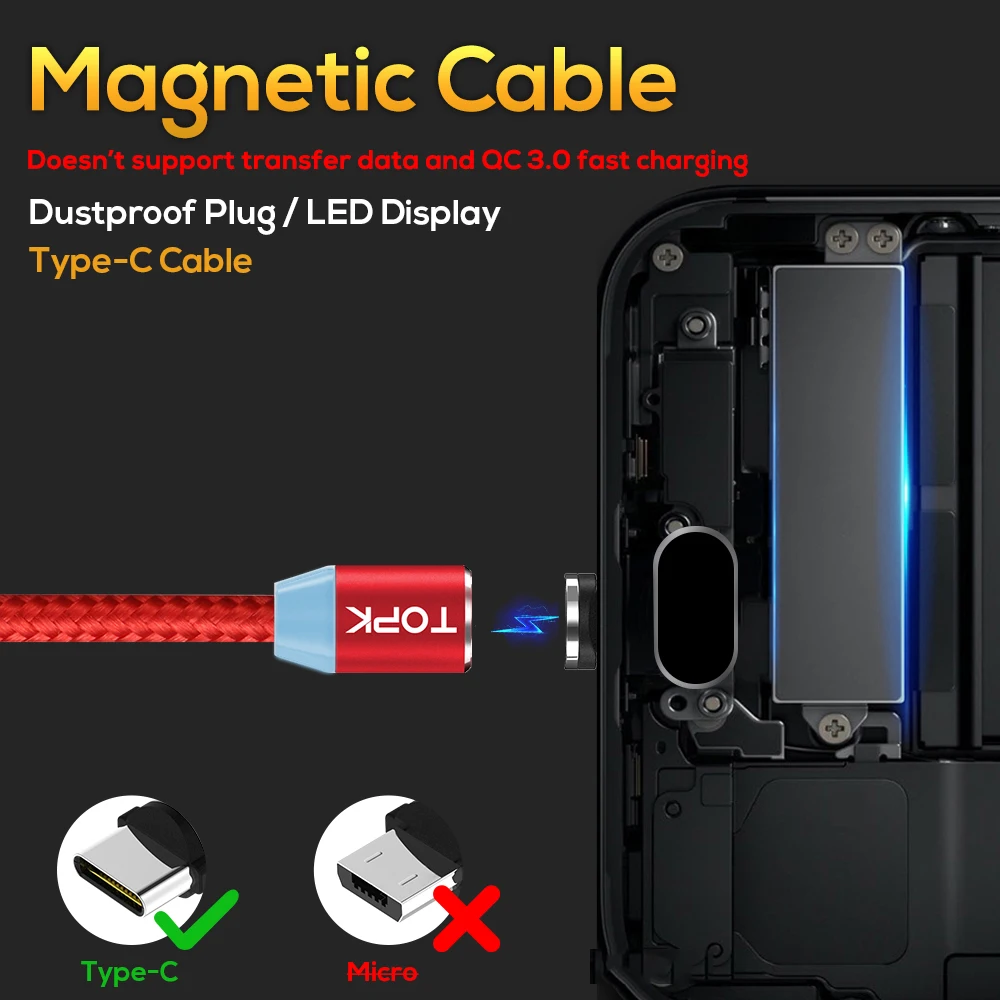 TOPK [5 Pack] R Line2 LED Магнитный кабель USB Type C для Samsung Galaxy Note 9 One Plus 6 зарядный
