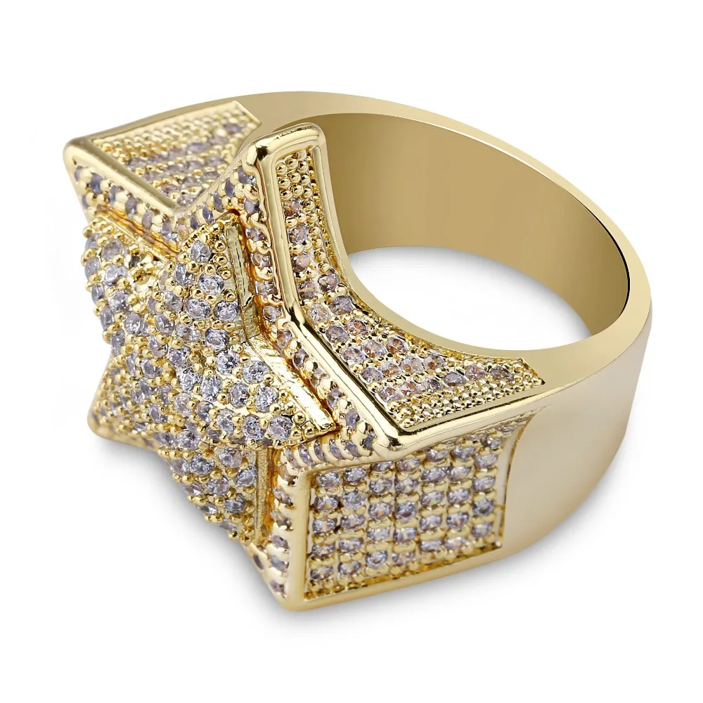 Solid Star HipHop Finger Rings For Men Women Iced Out Bling CZ Stones Gold Silver Color Jewelry Optional Size 7-11 Charm Ring | Украшения и