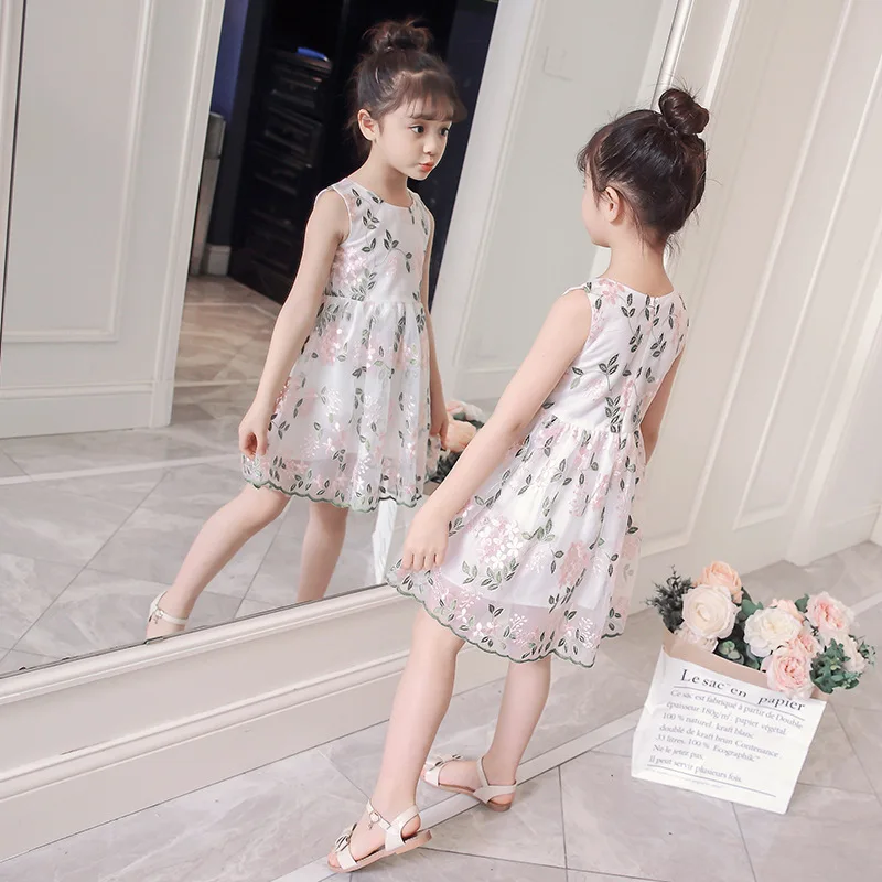 Baby Girl Bohemian Dress 2019 Summer New Girls Embroidered Sweet Lace Princess Evening Cute Mesh Sleeveless | Детская одежда и