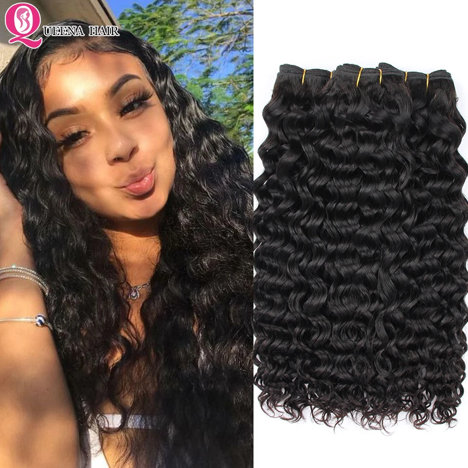 

Queena Raw Indian Virgin Hair Water Wave Bundles 7A Natural Color 100% Unprocessed Remy Human Hair Weave 3/4 Bundles Deals Thick